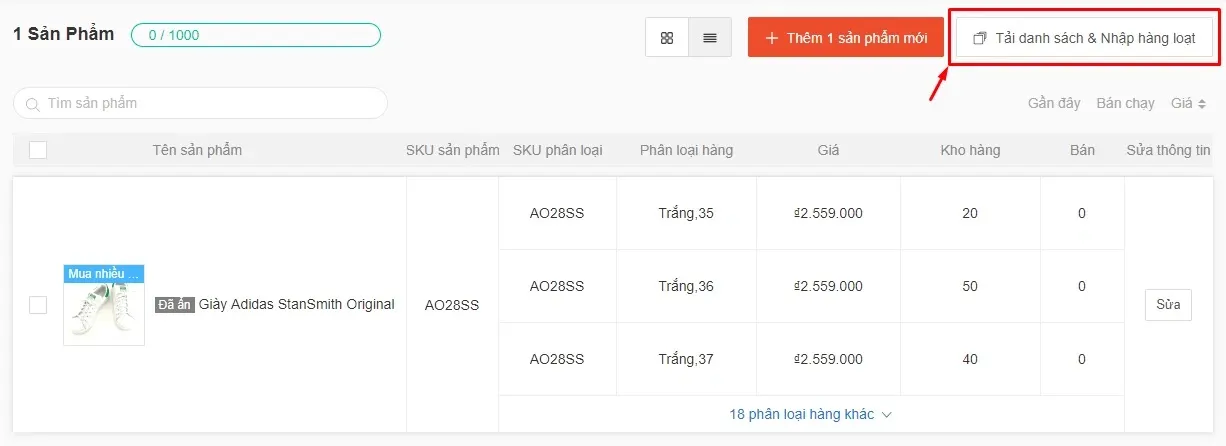 Giao diện đăng sản phẩm hàng loạt qua file Excel