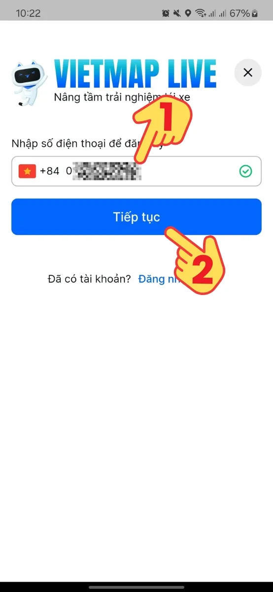 Nhập số điện thoại > Chọn Tiếp tục