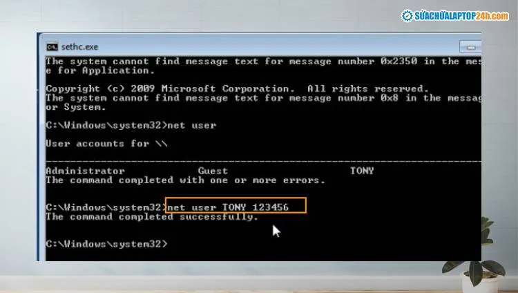 Net user TONY mật khẩu mới là 123456