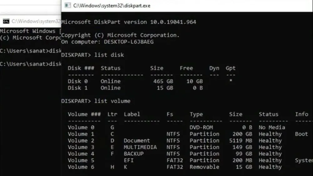 Danh sách các phân vùng hiển thị qua câu lệnh list volume