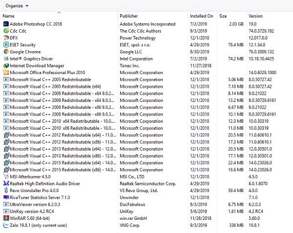 Danh sách các phiên bản phần mềm hỗ trợ hiển thị trong mục Programs and Features