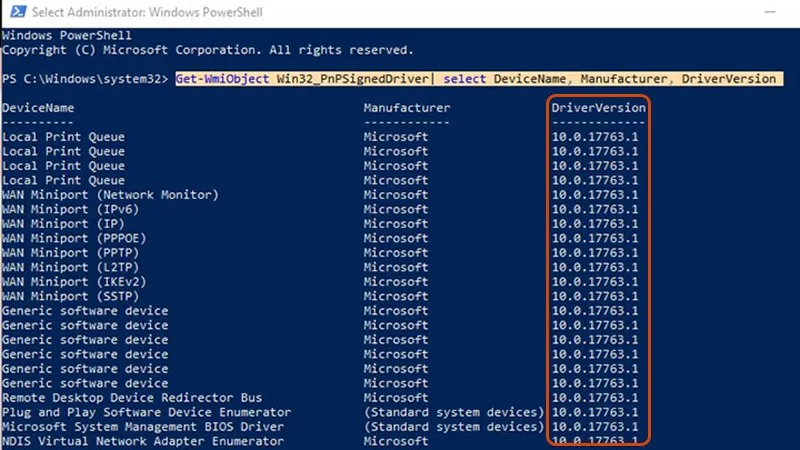 Danh sách driver với thông tin chi tiết phiên bản