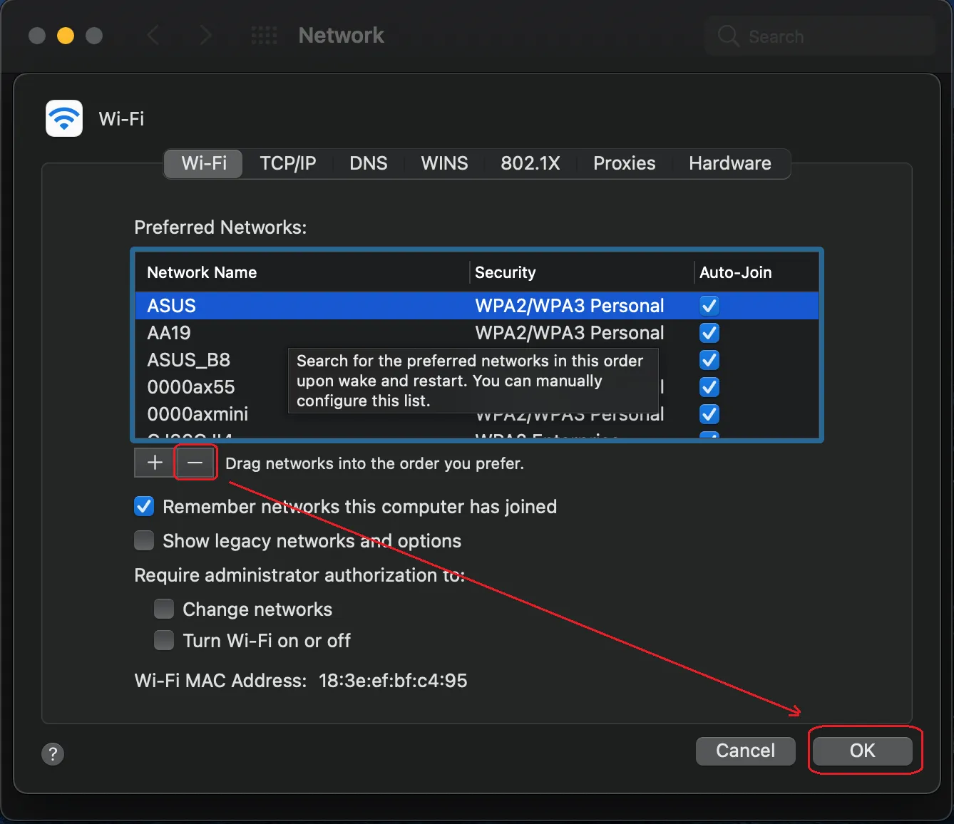 Chọn tên mạng cần xóa và nhấn dấu trừ để loại bỏ khỏi danh sách ưu tiên