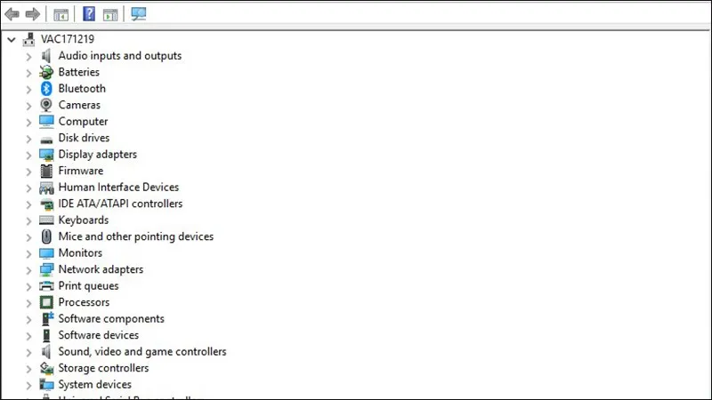 Giao diện Device Manager hiển thị danh sách thiết bị phần cứng