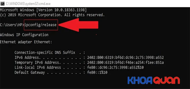 Gõ lệnh ipconfig /release để hủy địa chỉ IP hiện tại