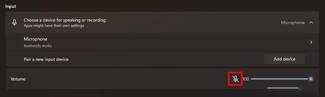 Điều chỉnh độ nhạy và bật micro trong mục Input của Windows 11