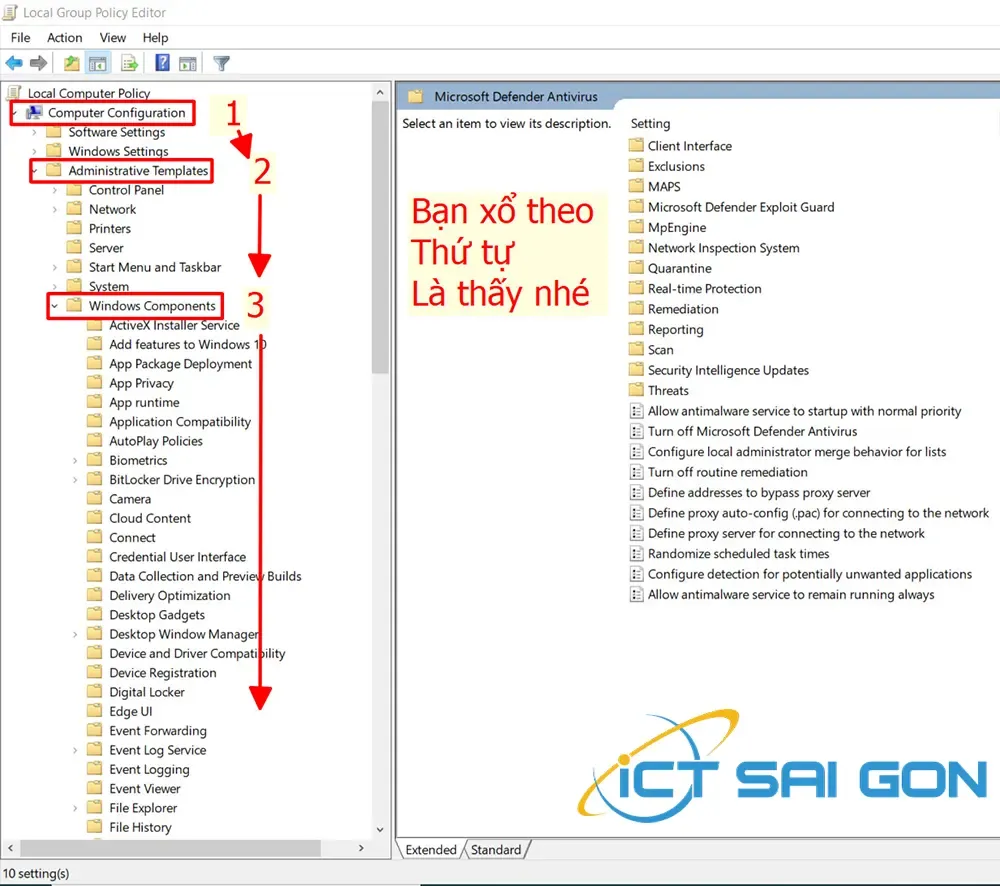 Điều hướng thư mục trong cách tắt virus & threat protection win 10 bằng Group Policy