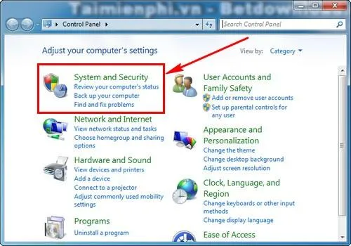 Điều hướng trong mục System and Security để bảo vệ hệ thống Windows 7
