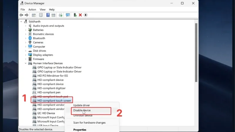Tắt cảm ứng trong Device Manager