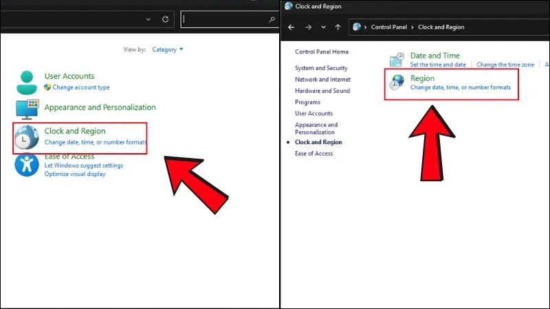 Vào Clock and Region trong Control Panel