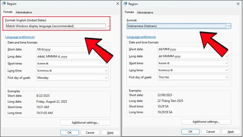 Chọn Vietnamese (Vietnam) để đổi định dạng