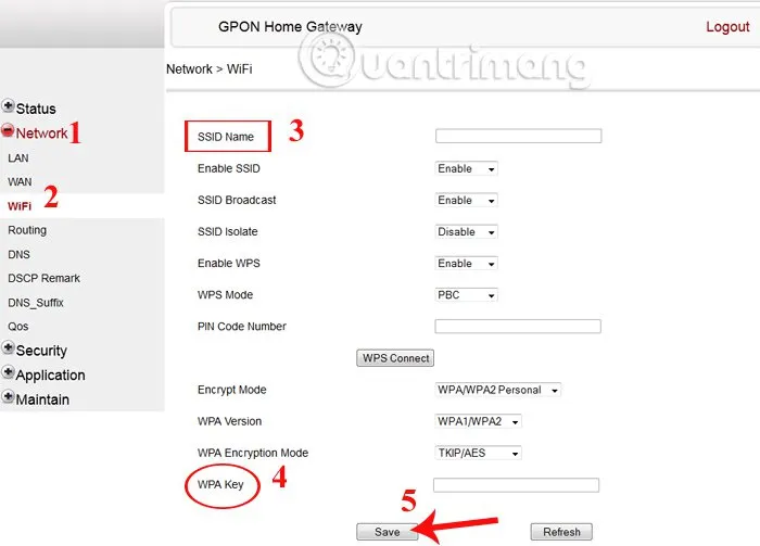 Giao diện quản lý modem FPT trên trình duyệt web máy tính