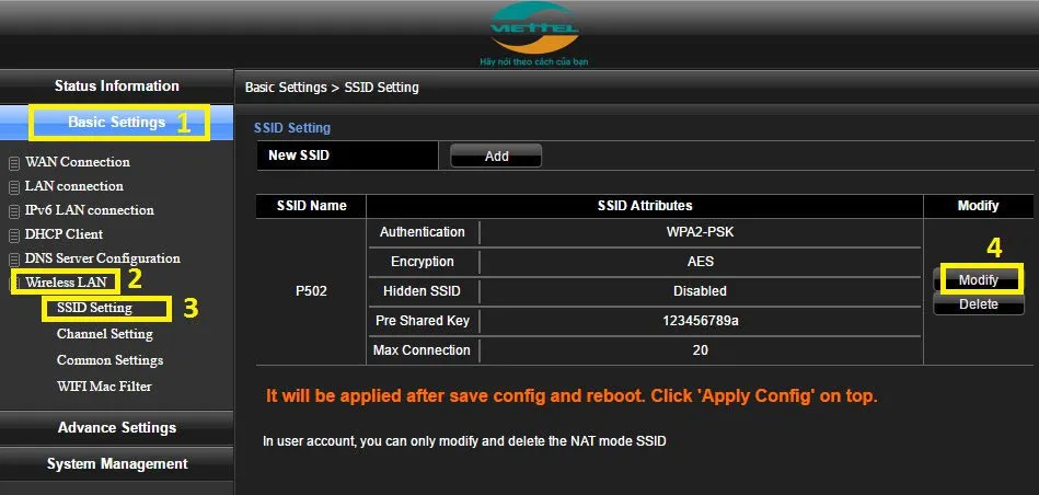 Truy cập mục SSID Setting trên modem Viettel để đổi mật khẩu