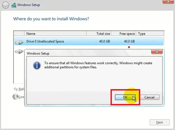 Đồng ý cho Windows tạo các phân vùng hệ thống bổ trợ