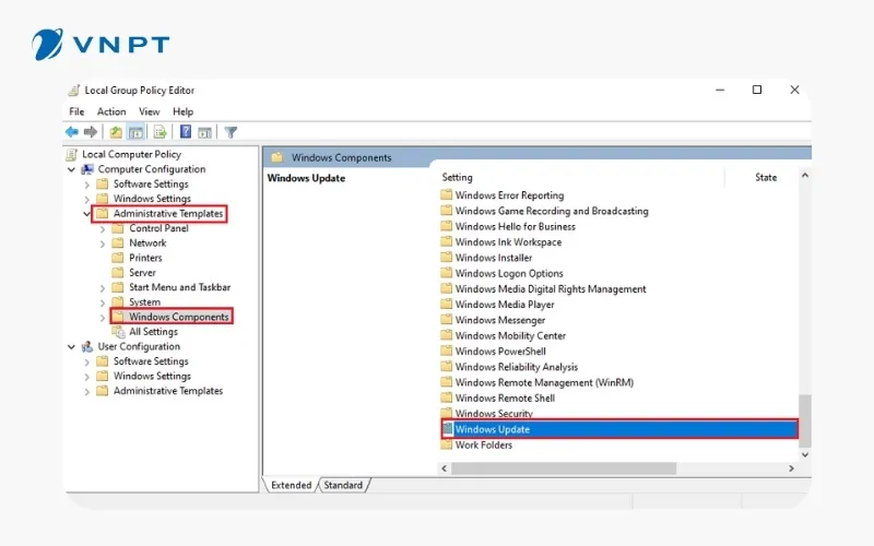 Đường dẫn thư mục Windows Update trong trình quản lý chính sách nhóm của Windows