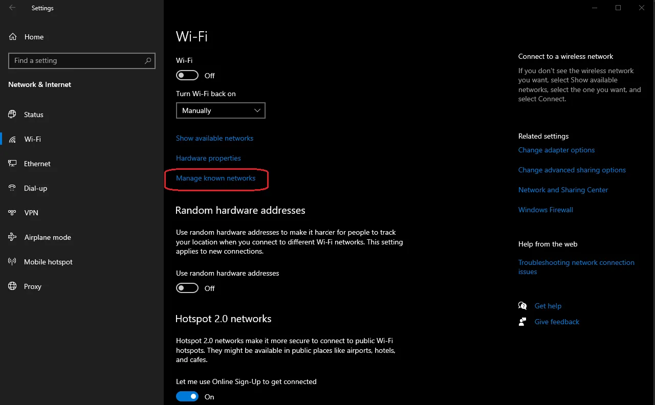 Chọn mục Manage known networks để quản lý danh sách wifi đã từng kết nối