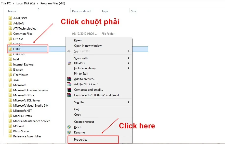Truy cập Properties thư mục HTKK sau khi cài mới
