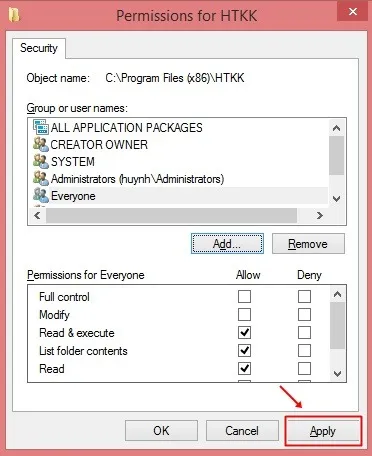 Xác nhận thiết lập bằng nút Apply