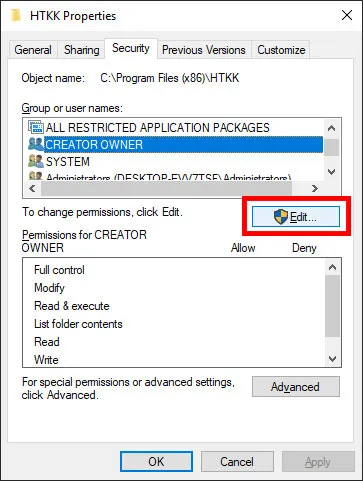 Chỉnh sửa quyền hạn trong thẻ Security