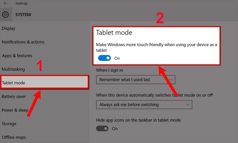 Tắt Tablet Mode trên Windows 10