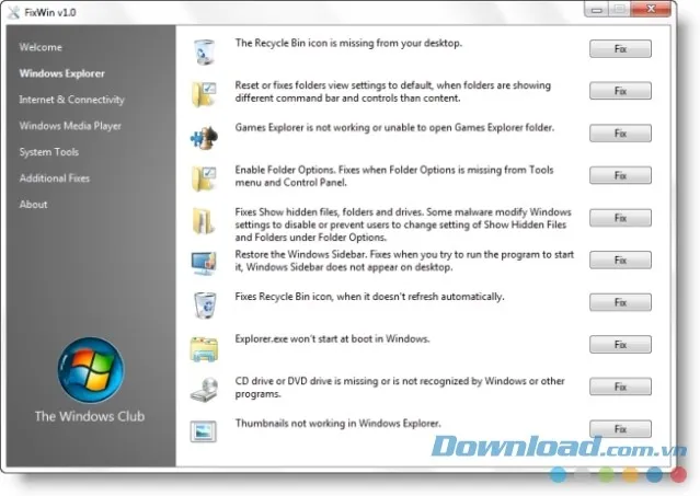 FixWin 1.2 giao diện chính trên Windows 7 và Vista