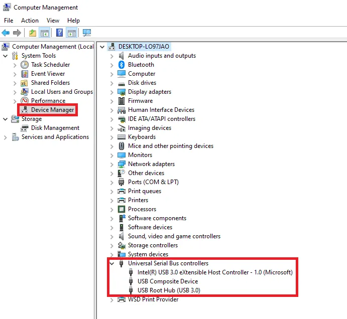 Giao diện quản lý Device Manager để kiểm tra driver USB 3.0