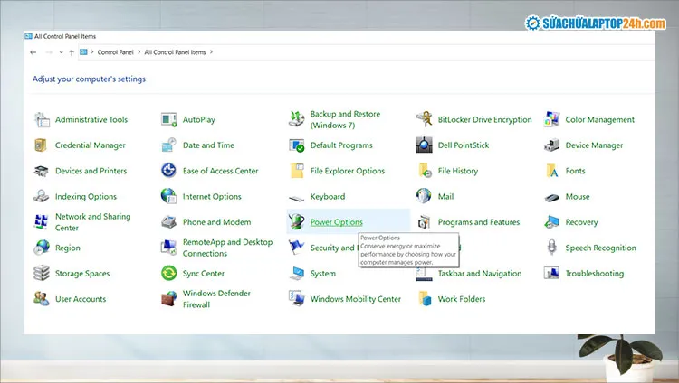 Mục Power Options trong danh sách cài đặt hệ thống