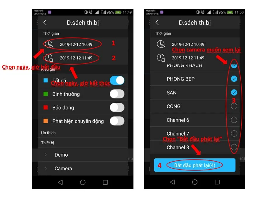 Thiết lập khoảng thời gian và chọn camera cần truy xuất dữ liệu