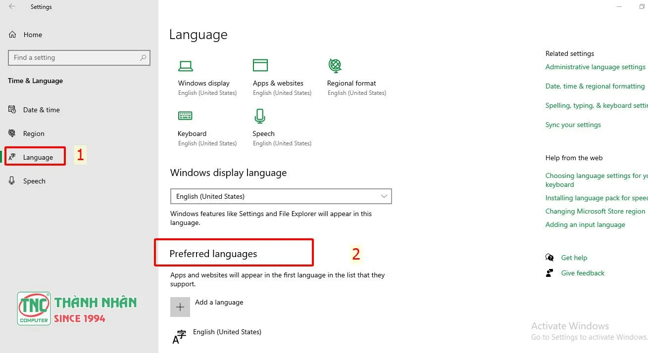 Giao diện cài đặt ngôn ngữ và bảng mã chi tiết cho người dùng Windows