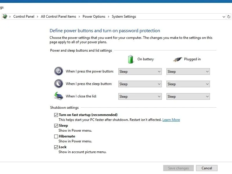 Giao diện cài đặt tính năng Fast Startup trong Control Panel để giúp máy tính khởi động nhanh hơn