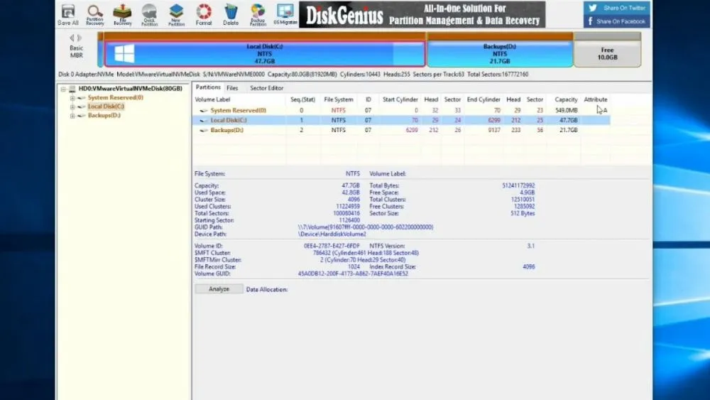 Giao diện chính hiển thị cấu trúc ổ đĩa của phần mềm DiskGenius