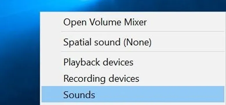 Giao diện chọn mục Sounds từ thanh tác vụ Windows 10