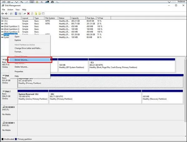 Giao diện chọn tính năng Shrink Volume trong công cụ quản lý đĩa của Windows