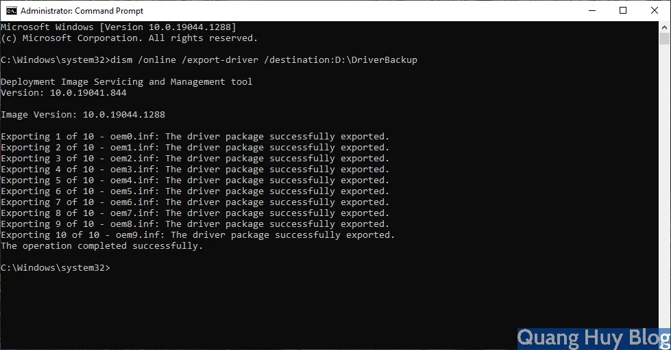 Giao diện Command Prompt thực hiện lệnh trích xuất trình điều khiển an toàn