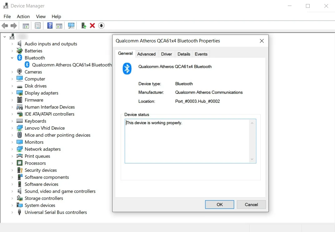 Giao diện Device Manager hiển thị thông tin chi tiết về trình điều khiển Bluetooth