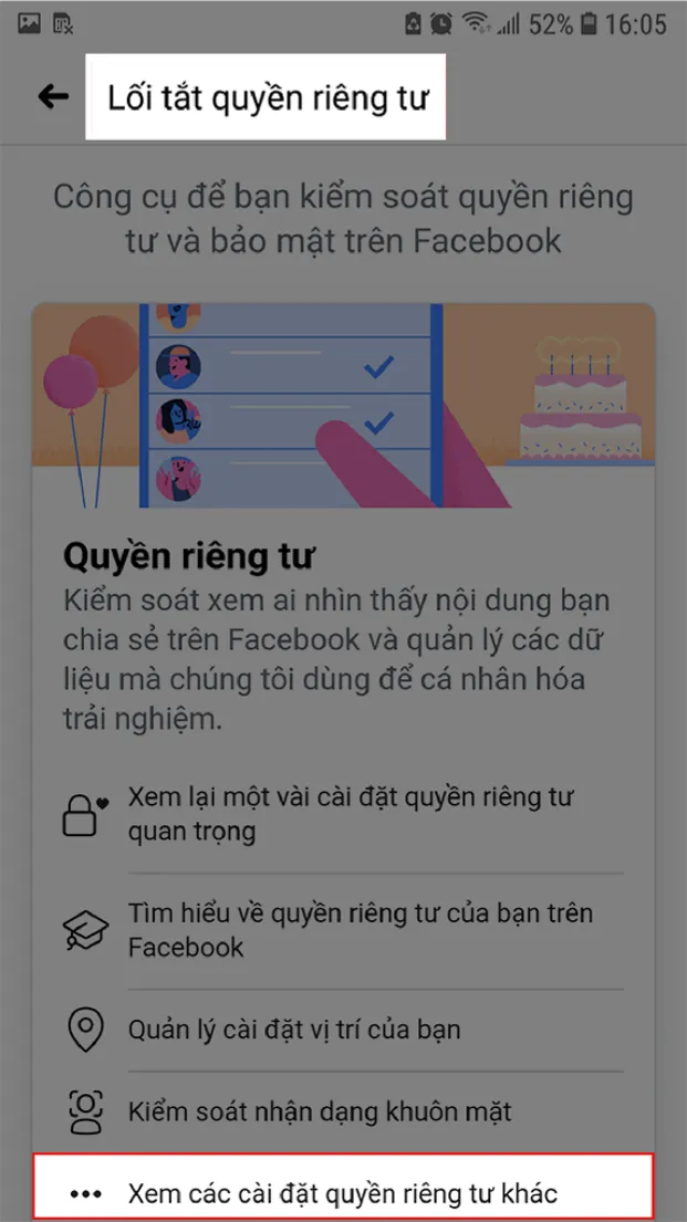 Giao diện lối tắt quyền riêng tư trên Facebook
