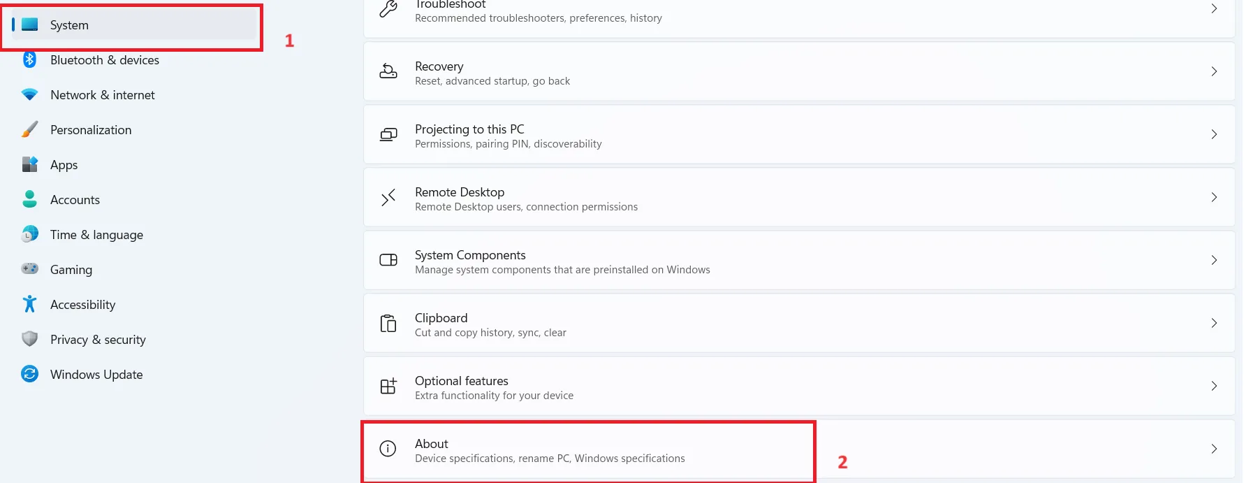 Giao diện mới hiện ra, Click vào mục System rồi chọn About