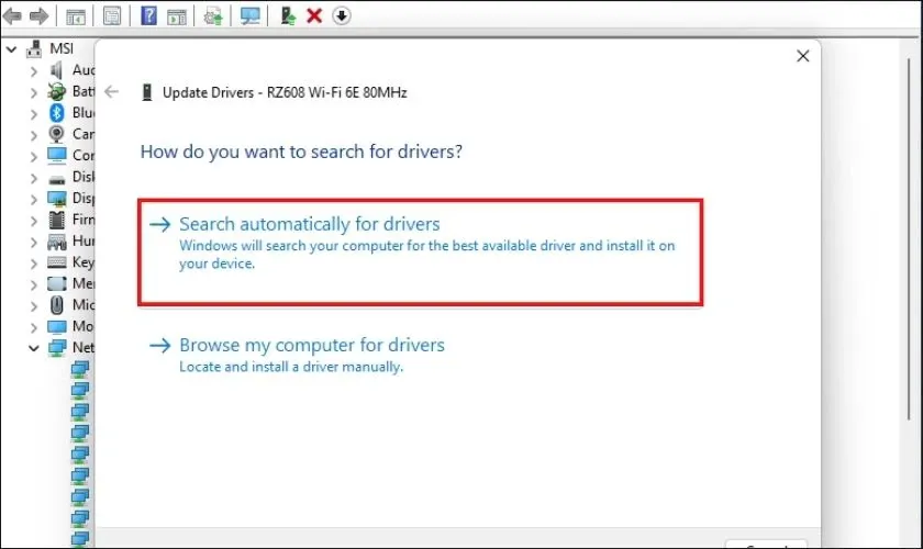 Giao diện mục Search automatically for drivers