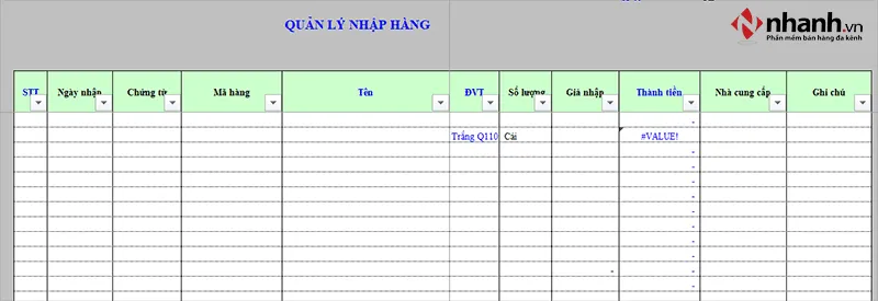 Giao diện quản lý nhập hàng của phần mềm quản lý bán hàng Excel miễn phí