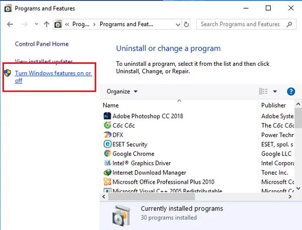 Giao diện quản lý tính năng Windows Features dùng để bật tắt các thành phần hệ thống