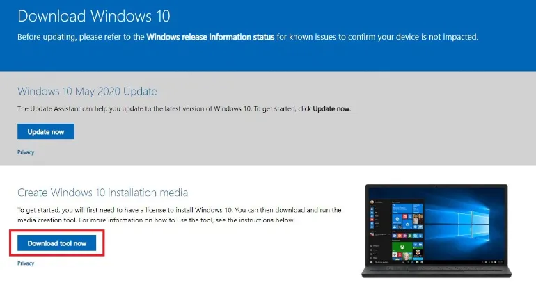 Giao diện tải Media Creation Tool để chuẩn bị cài win 10 từ ổ cứng
