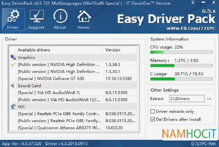 Giao diện tính năng nổi bật của bộ cài driver tự động Easy Driver Pack