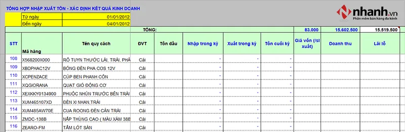 Giao diện tổng hợp xuất nhập tồn của phần mềm bán hàng bằng Excel miễn phí