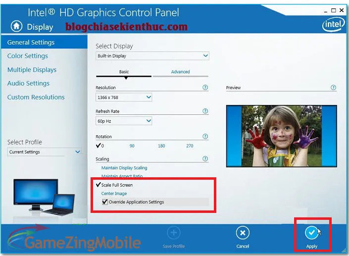 Giao diện tùy chỉnh Display trong Intel Control Panel cho game thủ aoe