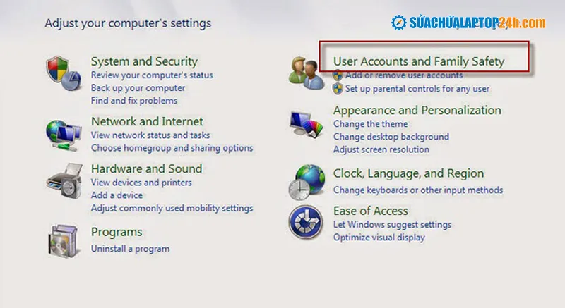 Giao diện User Account trong Control Panel của Windows 7