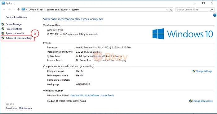 Mở Advanced system settings từ cửa sổ System