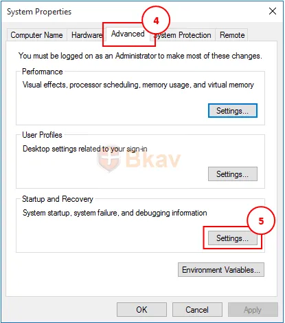 Truy cập Startup and Recovery Settings