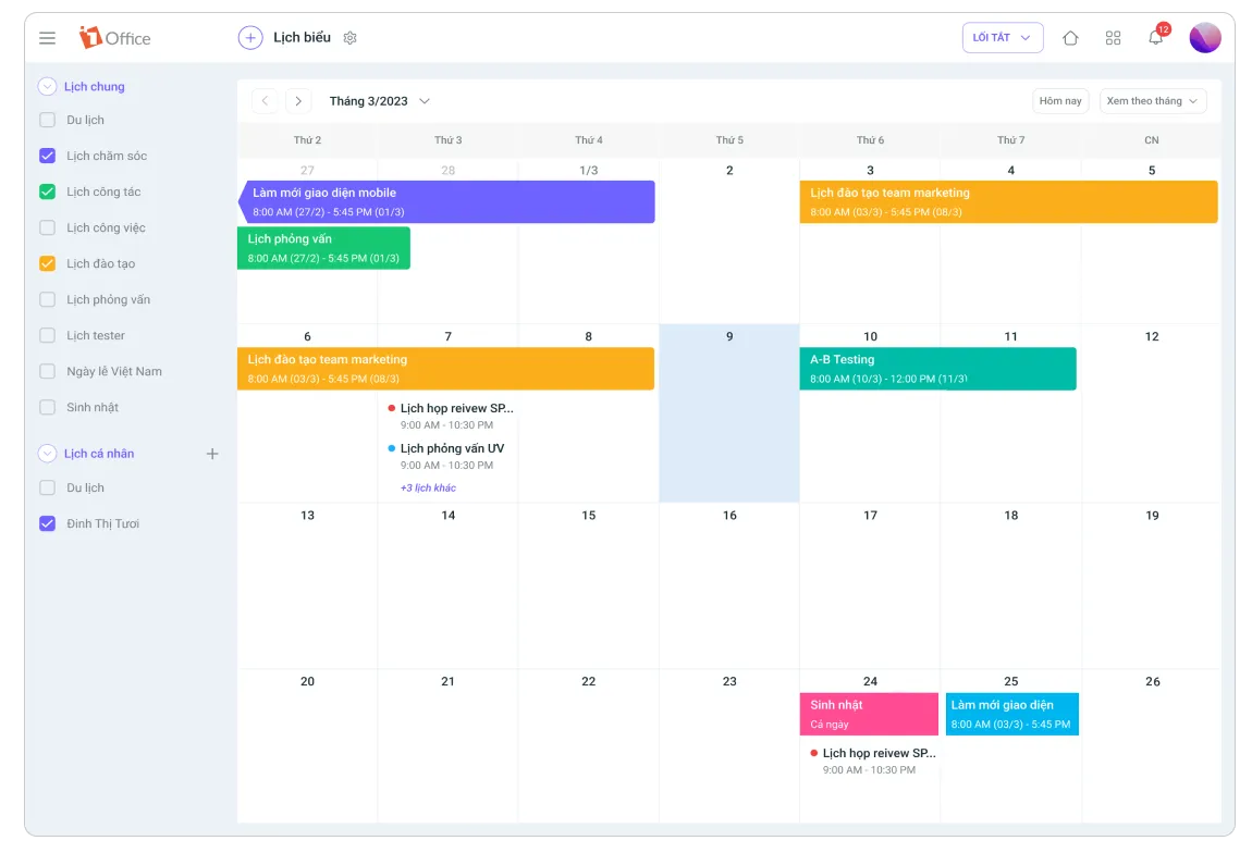 Giao diện quản lý lịch biểu của 1Office