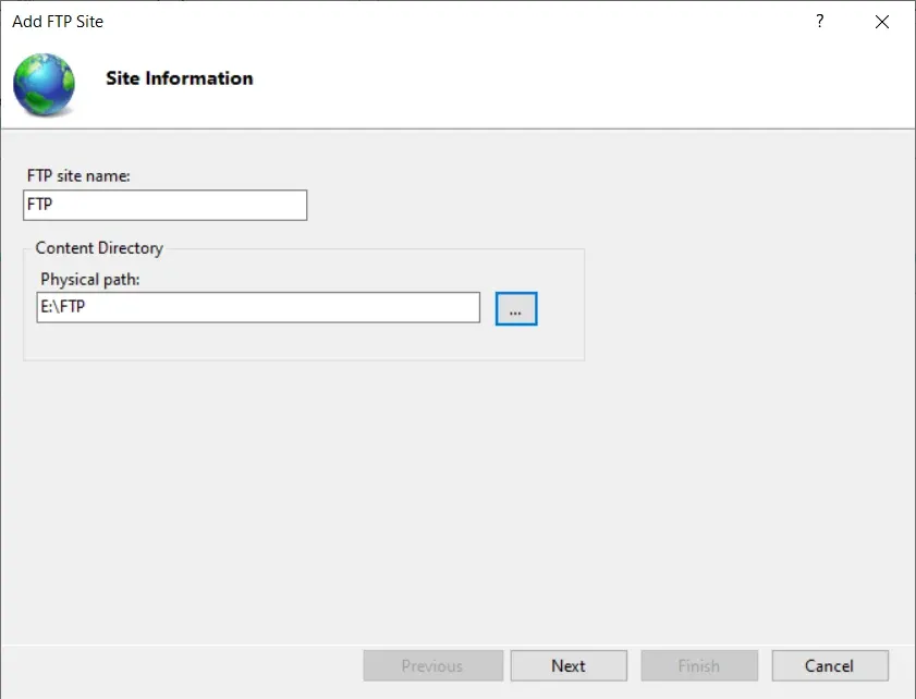 Đặt tên và đường dẫn FTP Site