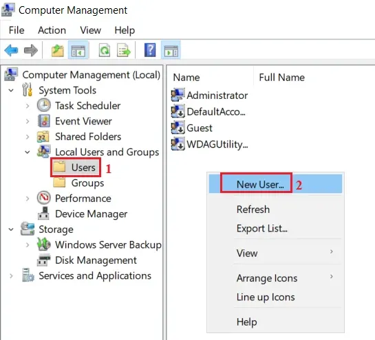 Tạo user mới trong Computer Management